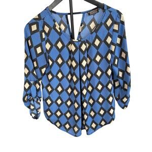 Papermoon womens diamond pattern 3/4 sleeve blouse. Size XS. workwear, date